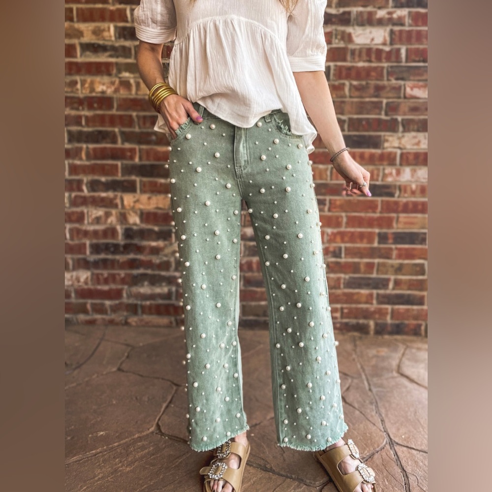 POL Sage Green Beaded Distressed Raw Hem Straight Leg Denim - Picture 5 of 5